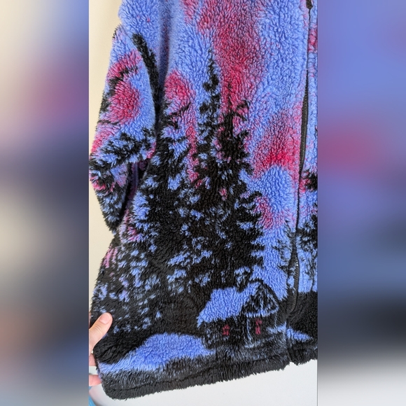 Caribou Crossings Alaska Fleece Jacket, Northern Lights Forest Scene, Size M - Picture 4 of 14